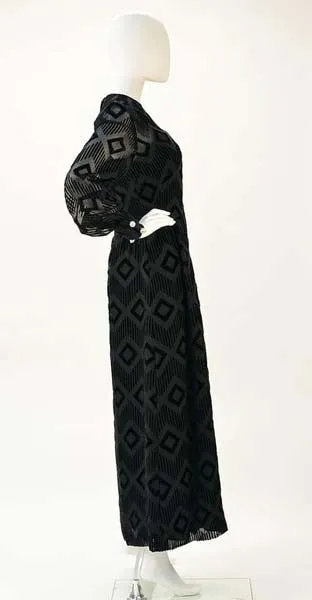 1970s Pierre Balmain Black Silk Burnout Dress