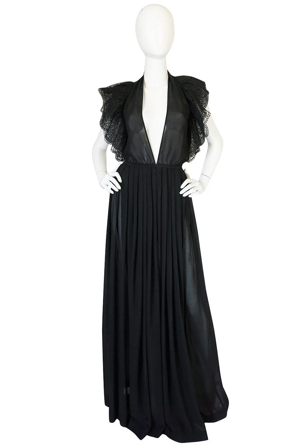 1970s Plunging Silk Chiffon & Lace Couture Galanos Gown
