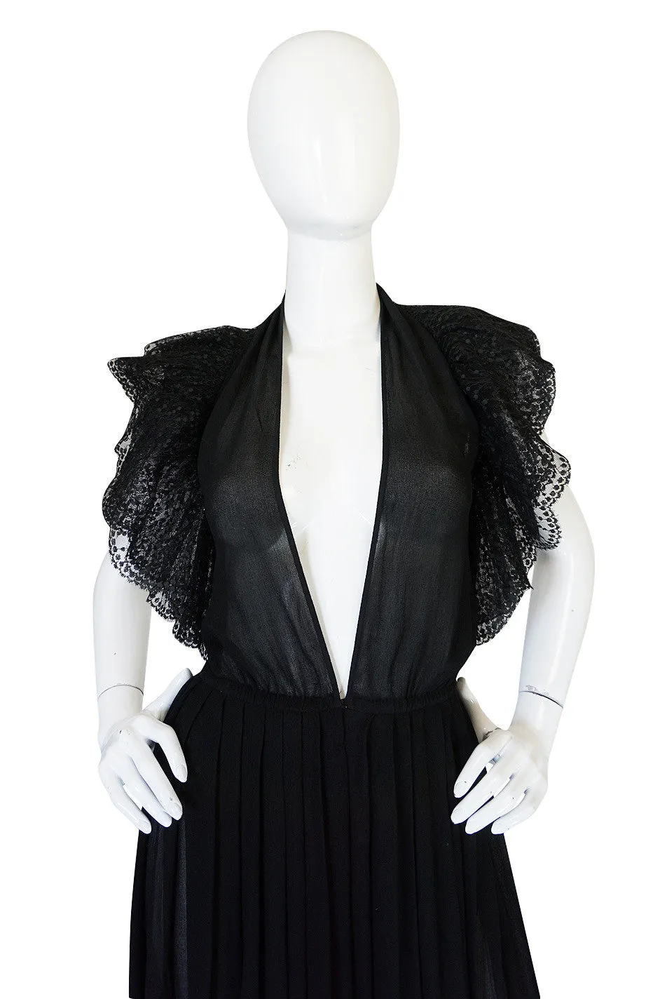 1970s Plunging Silk Chiffon & Lace Couture Galanos Gown