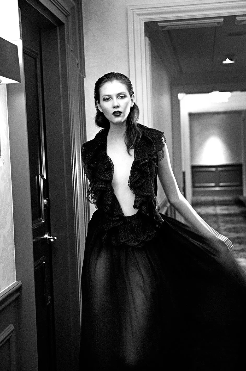 1970s Plunging Silk Chiffon & Lace Couture Galanos Gown