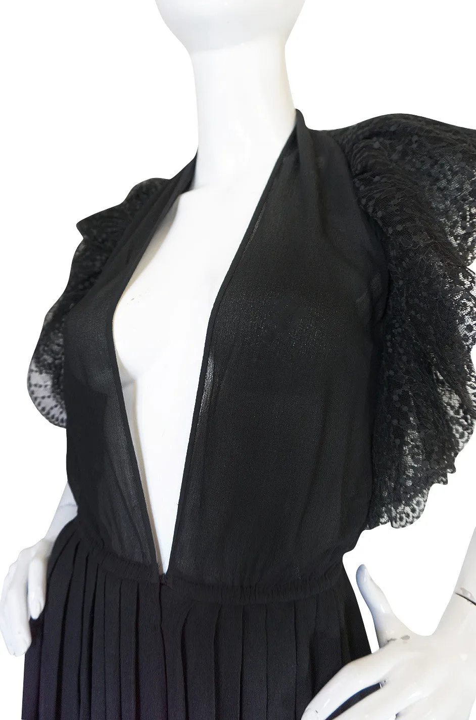 1970s Plunging Silk Chiffon & Lace Couture Galanos Gown