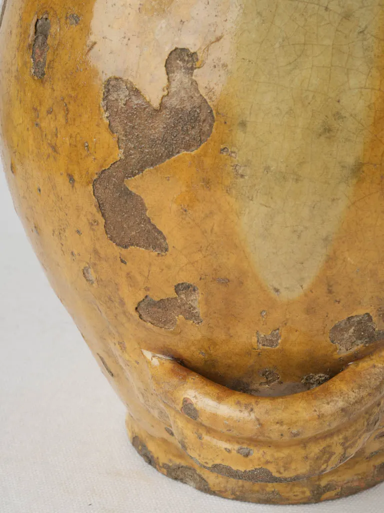 19th-century French Conscience oil jug w/ ocher glaze & 4 handles 13½"