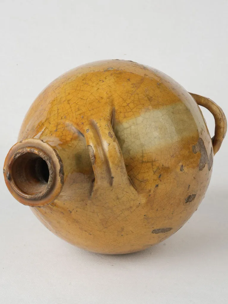 19th-century French Conscience oil jug w/ ocher glaze & 4 handles 13½"