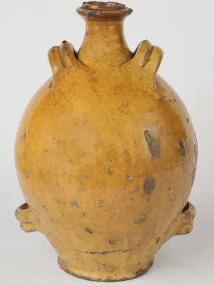 19th-century French Conscience oil jug w/ ocher glaze & 4 handles 13½"