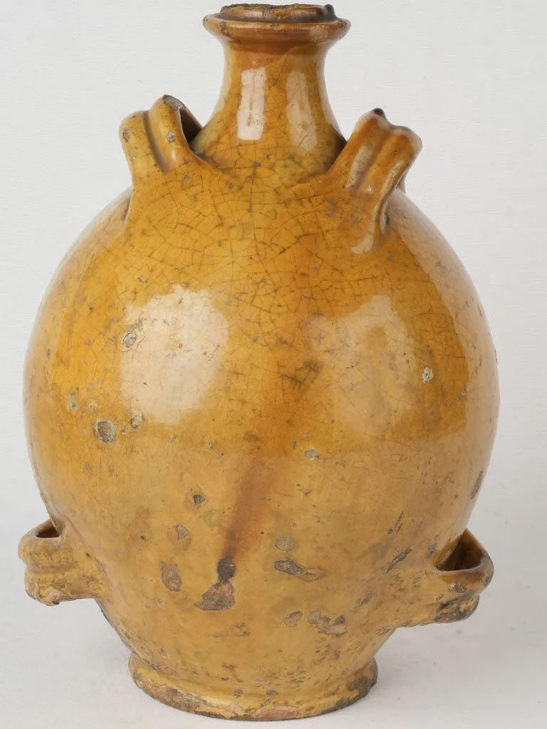 19th-century French Conscience oil jug w/ ocher glaze & 4 handles 13½"