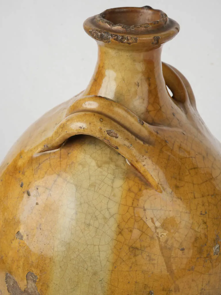 19th-century French Conscience oil jug w/ ocher glaze & 4 handles 13½"
