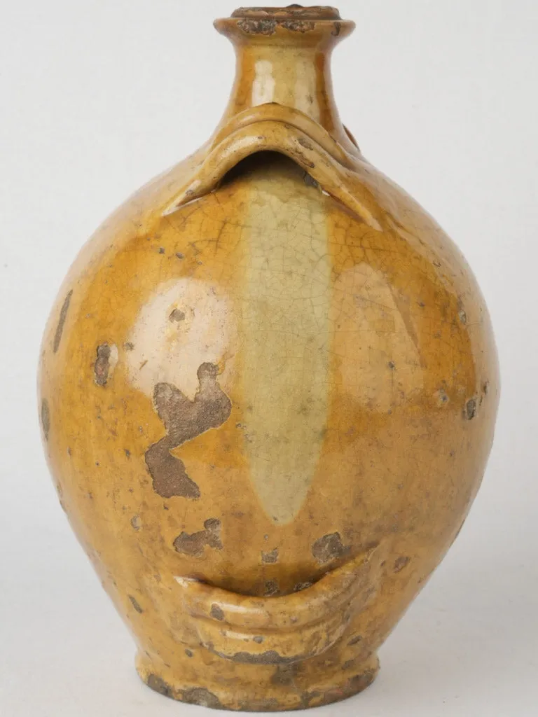 19th-century French Conscience oil jug w/ ocher glaze & 4 handles 13½"