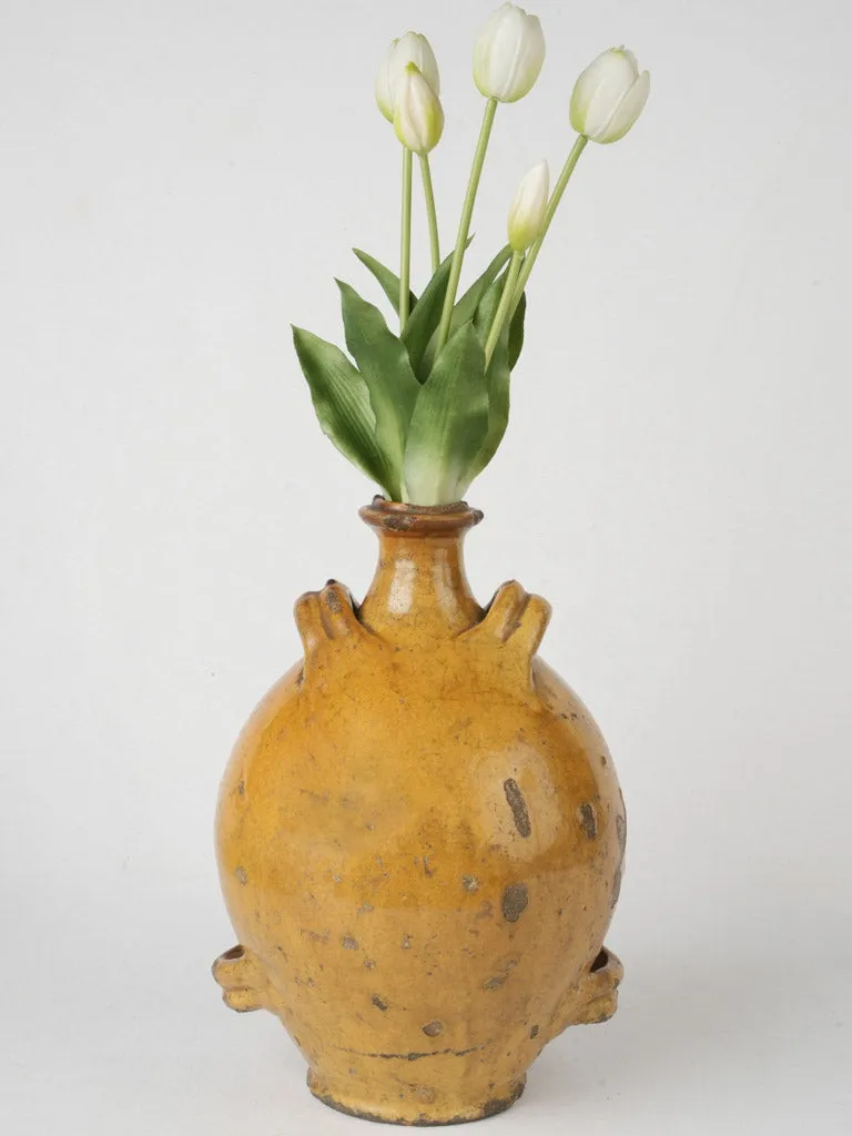 19th-century French Conscience oil jug w/ ocher glaze & 4 handles 13½"
