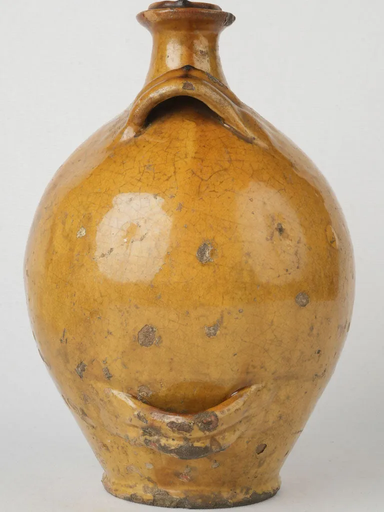19th-century French Conscience oil jug w/ ocher glaze & 4 handles 13½"