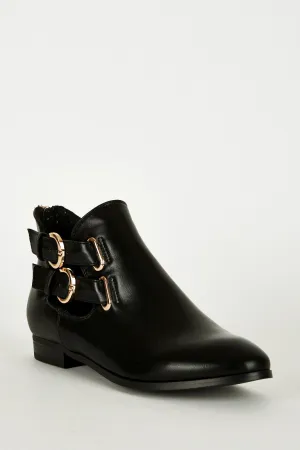 Black Double Buckle Zip Heel Ankle Boots