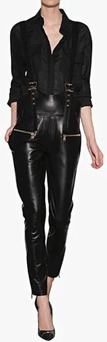 Black Faux-Leather Overalls