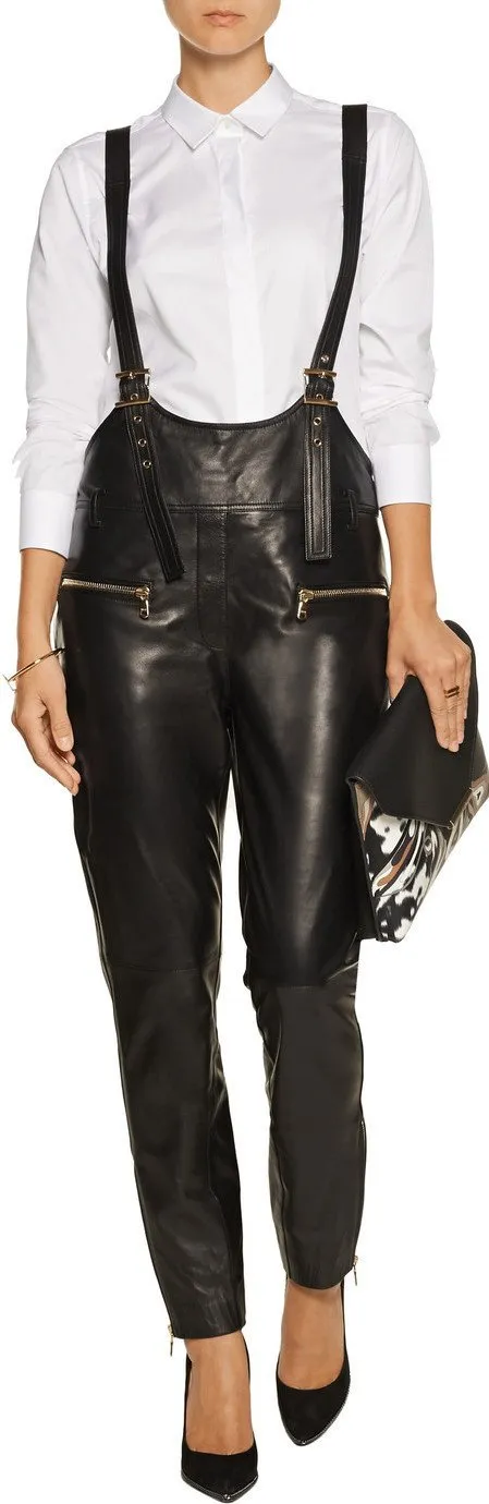 Black Faux-Leather Overalls