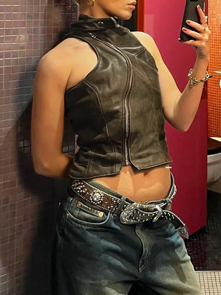 Brown Zipper Faux Charming Leather Vest Top