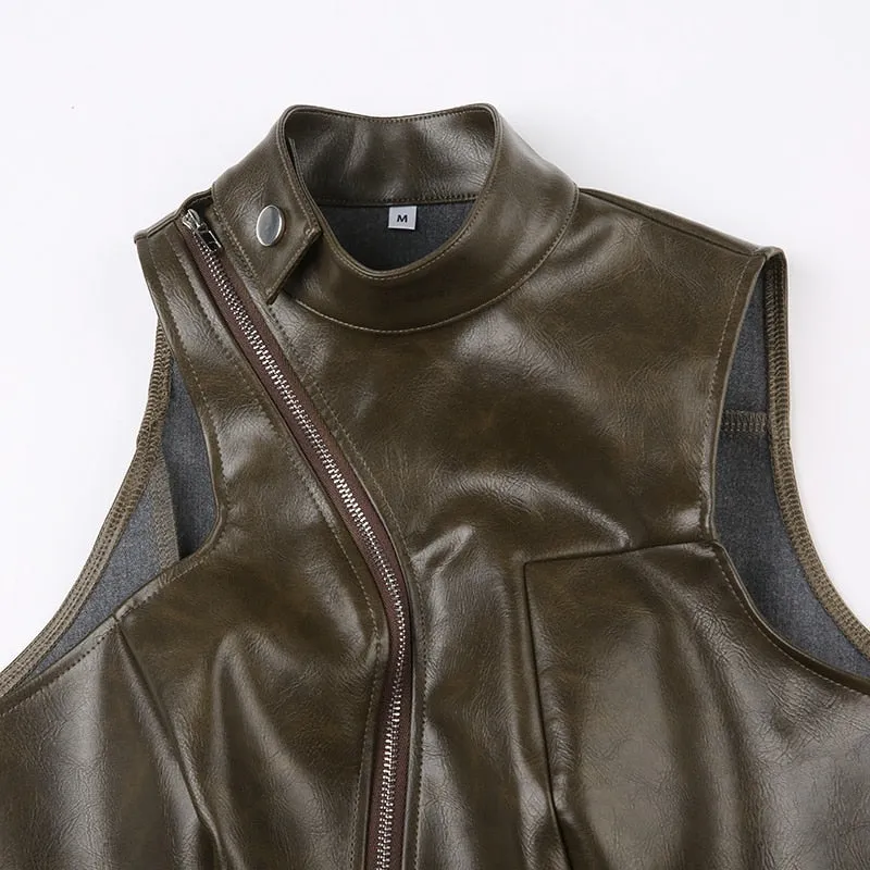 Brown Zipper Faux Charming Leather Vest Top