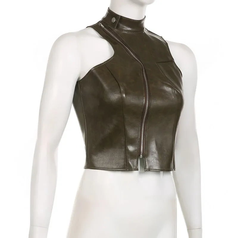 Brown Zipper Faux Charming Leather Vest Top