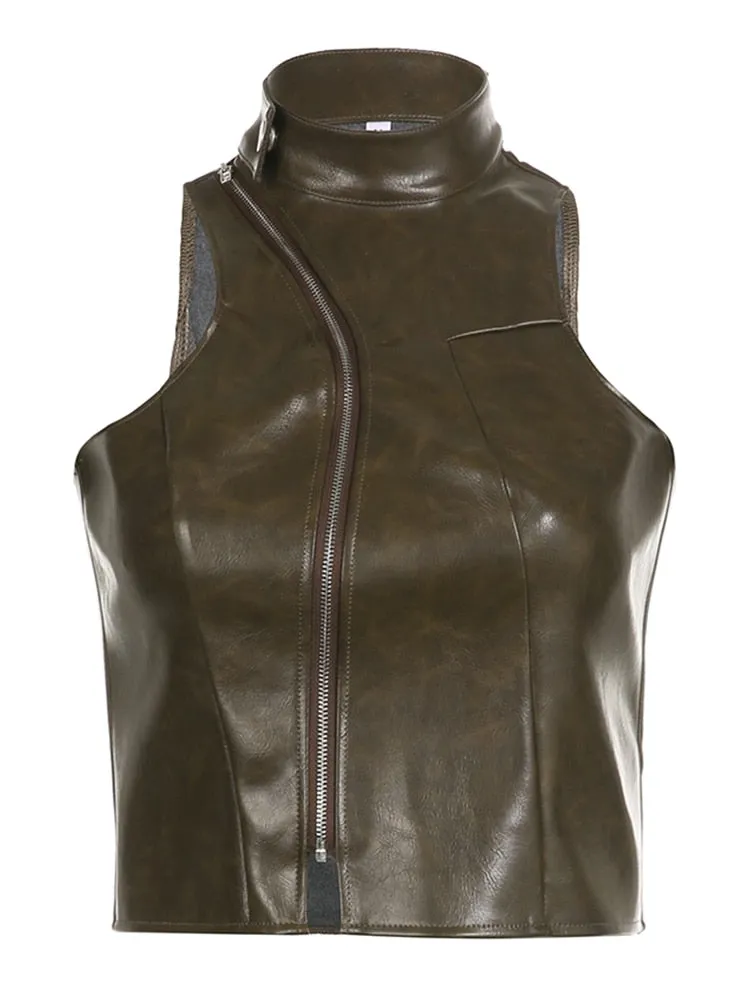 Brown Zipper Faux Charming Leather Vest Top