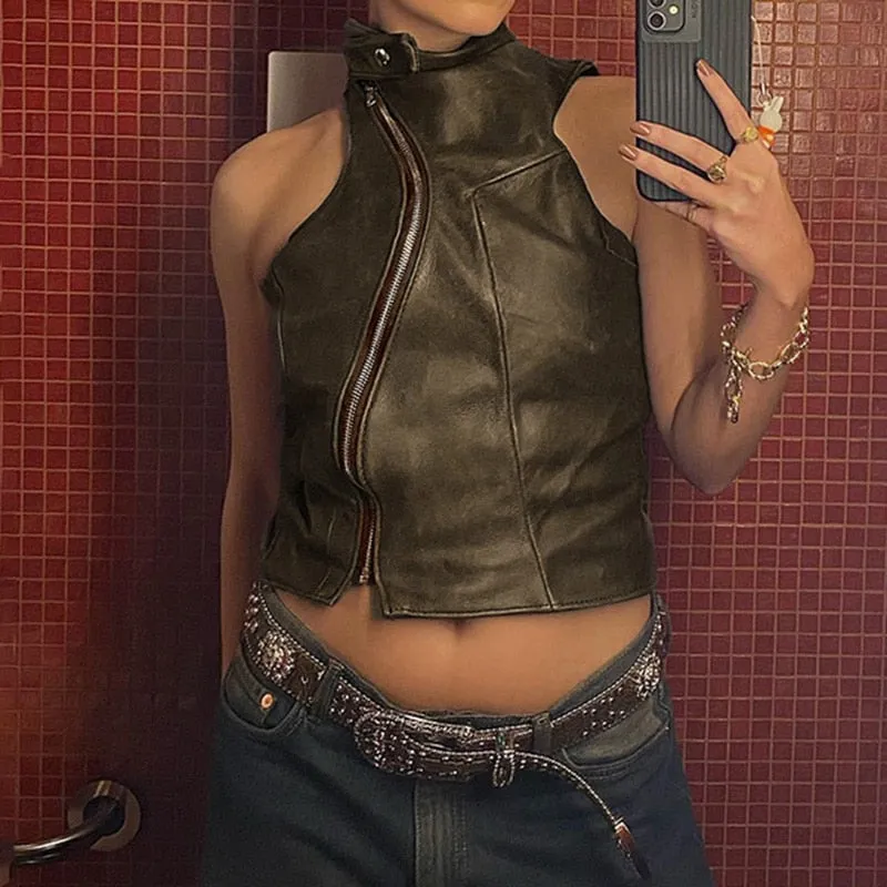Brown Zipper Faux Charming Leather Vest Top