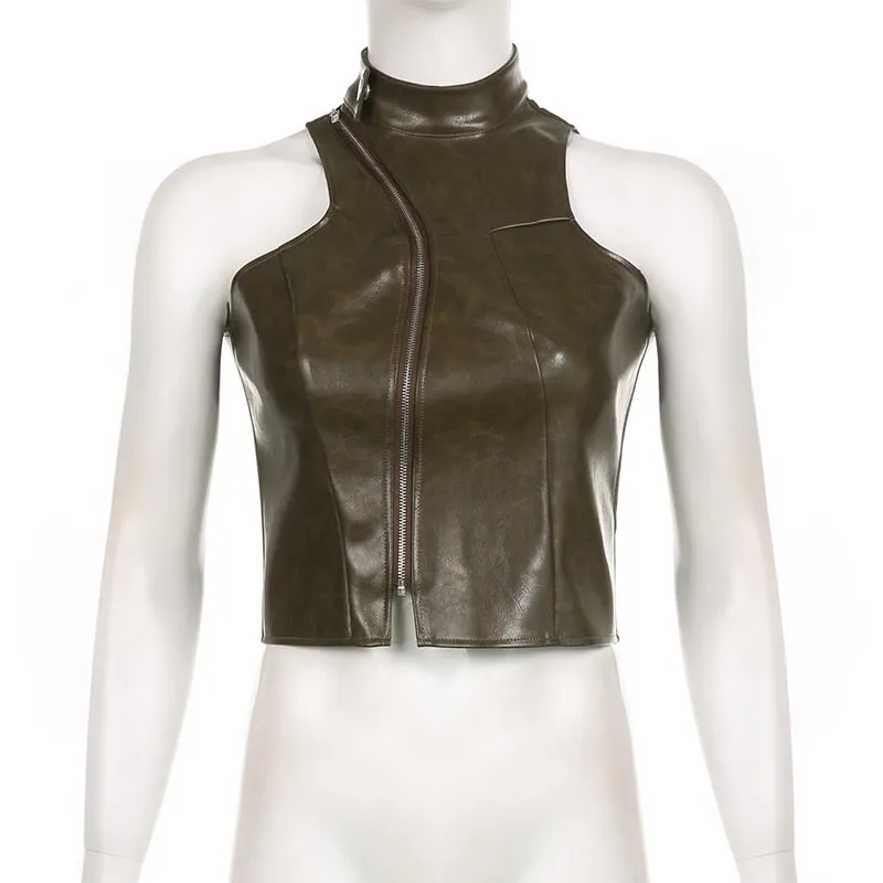 Brown Zipper Faux Charming Leather Vest Top