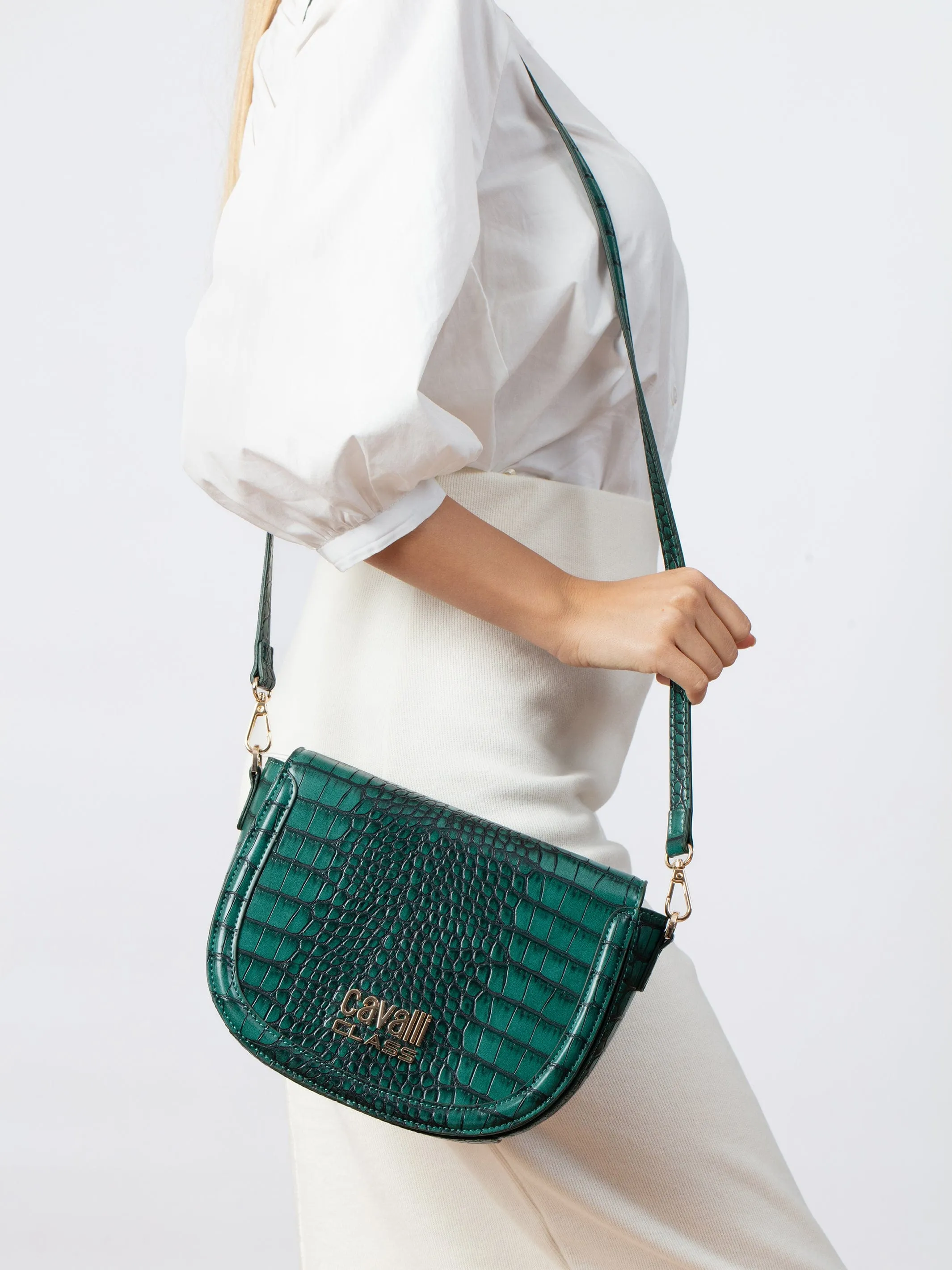 Cavalli Class TORINO Green Medium Crocco Saddle Crossbody bag
