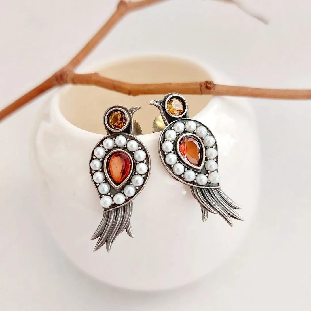 Chirping Beauty- Orange Stone and Pearl Bird Earring