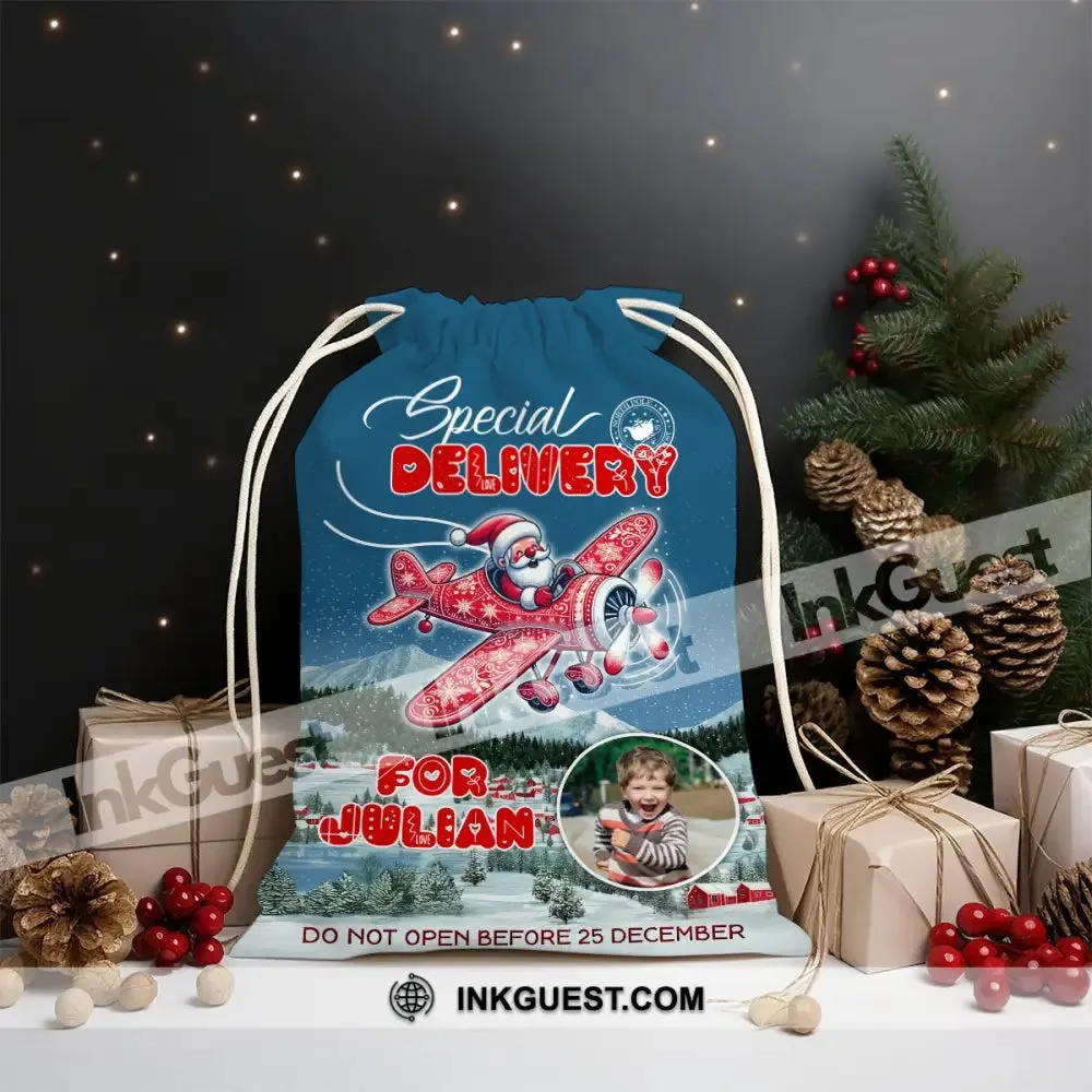 Christmas Santa Flies To You Custom Photo And Name, Personalized String Bag, Christmas Gift