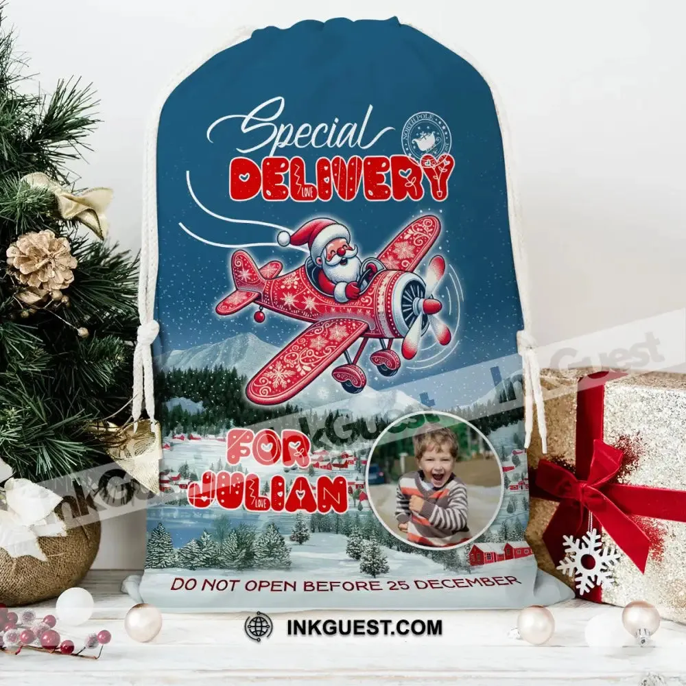 Christmas Santa Flies To You Custom Photo And Name, Personalized String Bag, Christmas Gift