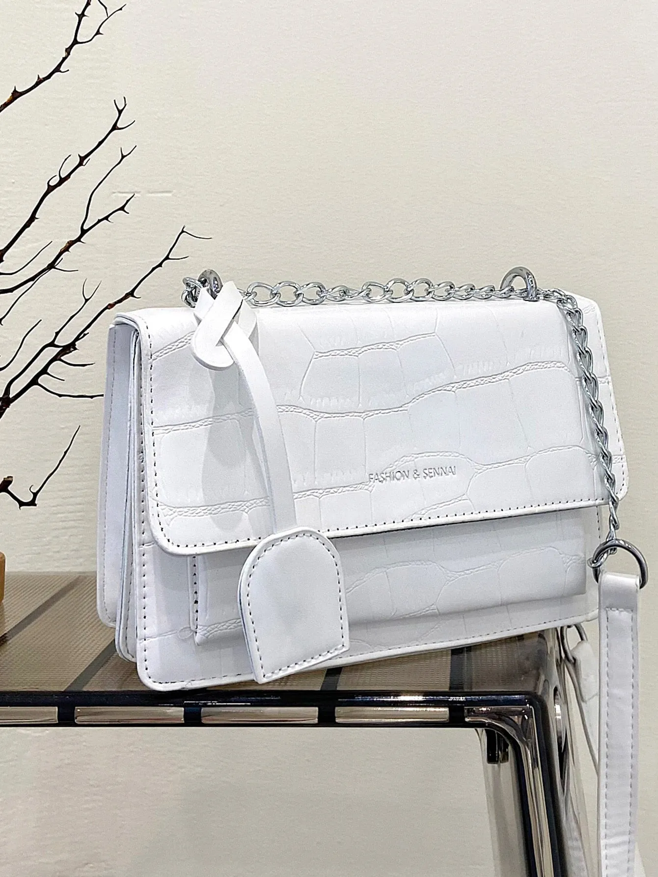 Croc Embossed Chain Flap Crossbody Bag