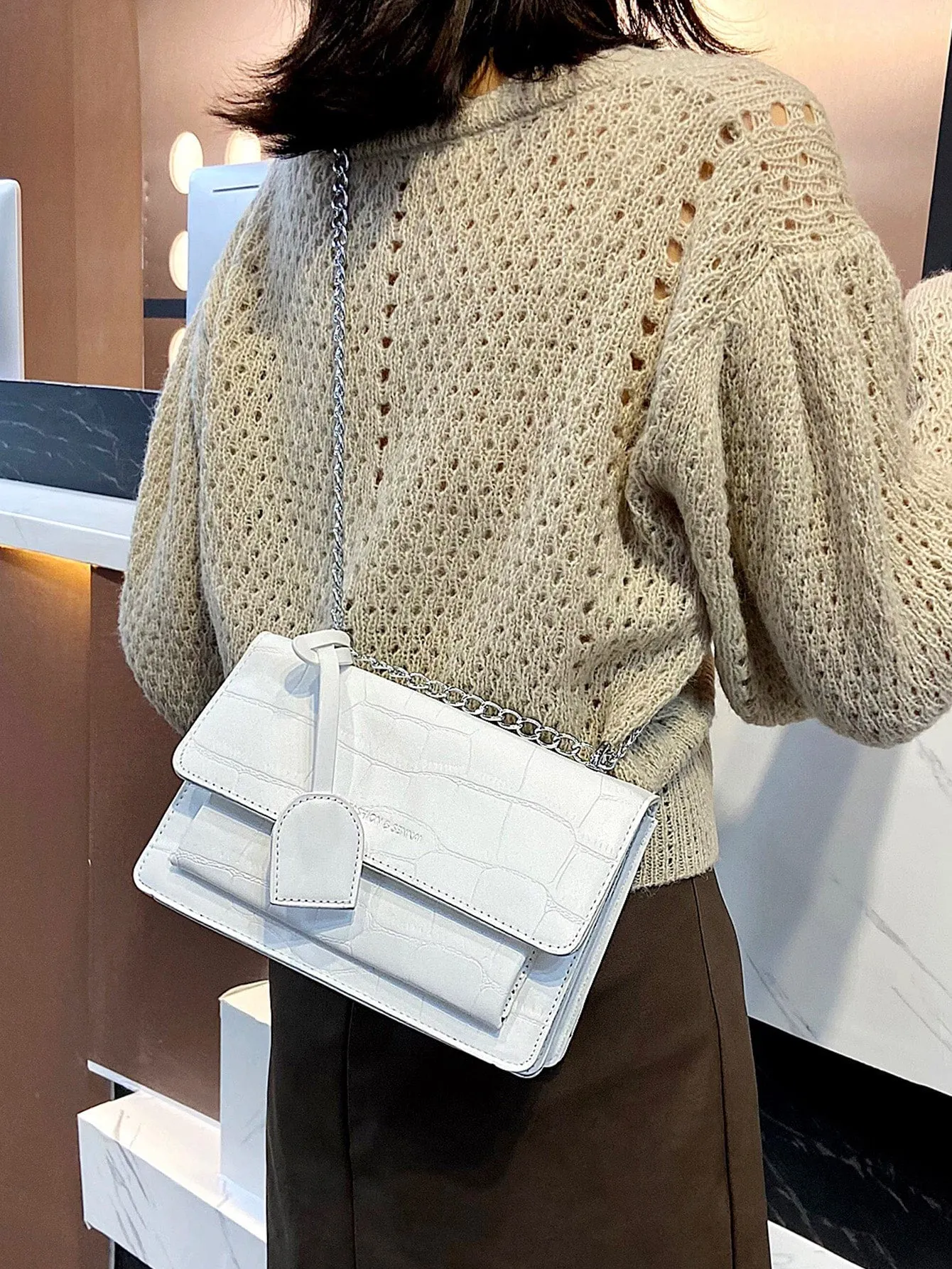 Croc Embossed Chain Flap Crossbody Bag