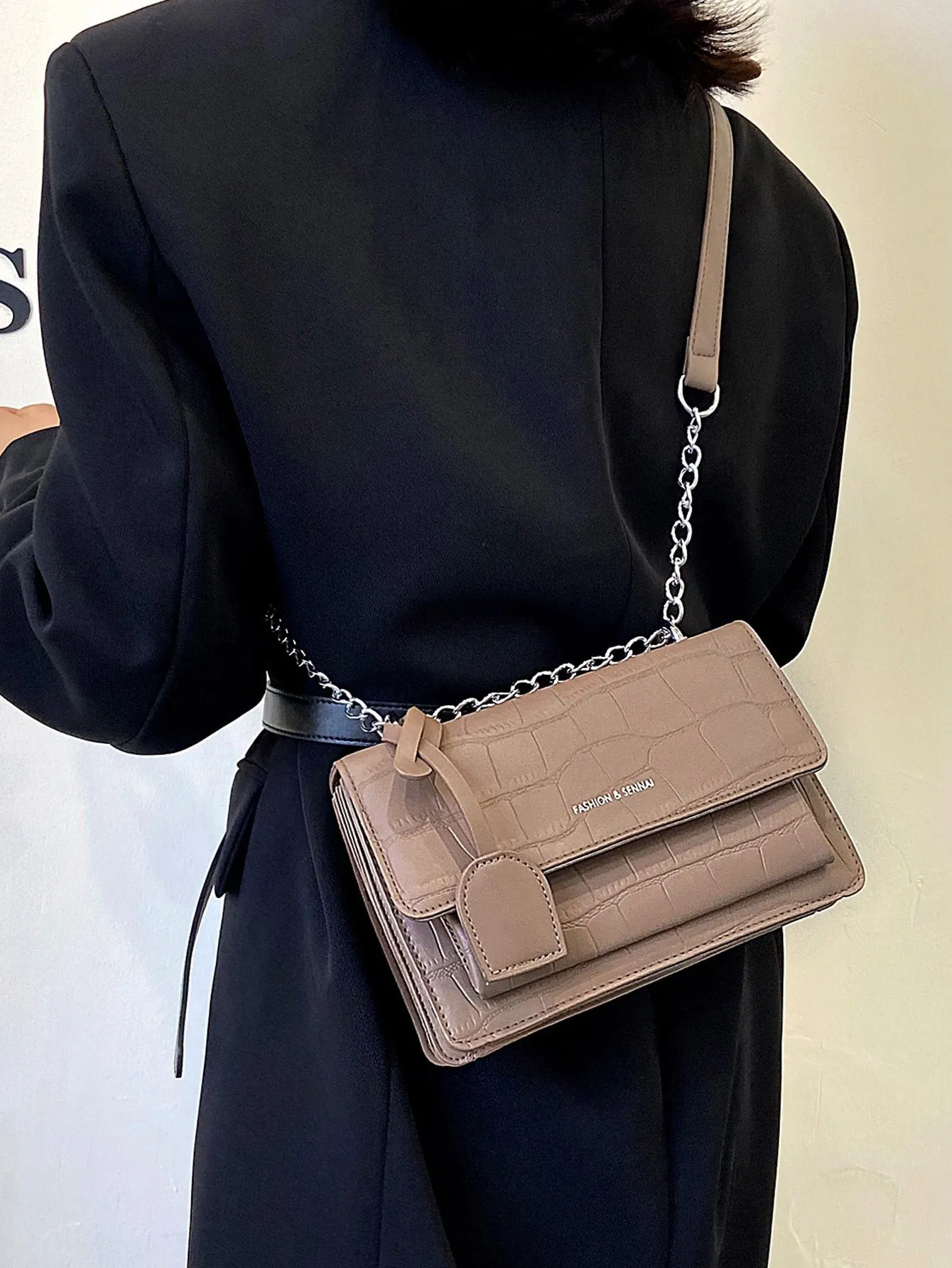 Croc Embossed Chain Flap Crossbody Bag