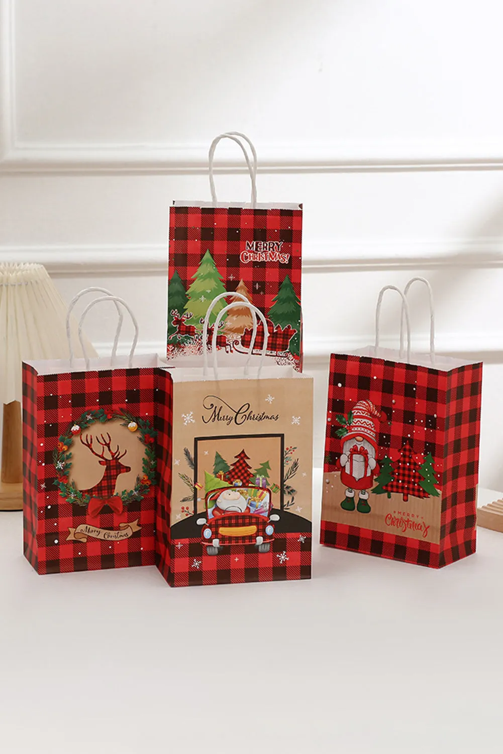 Fiery Red Reindeer Plaid Christmas Gift Bag