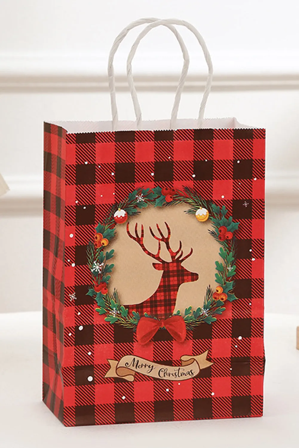 Fiery Red Reindeer Plaid Christmas Gift Bag