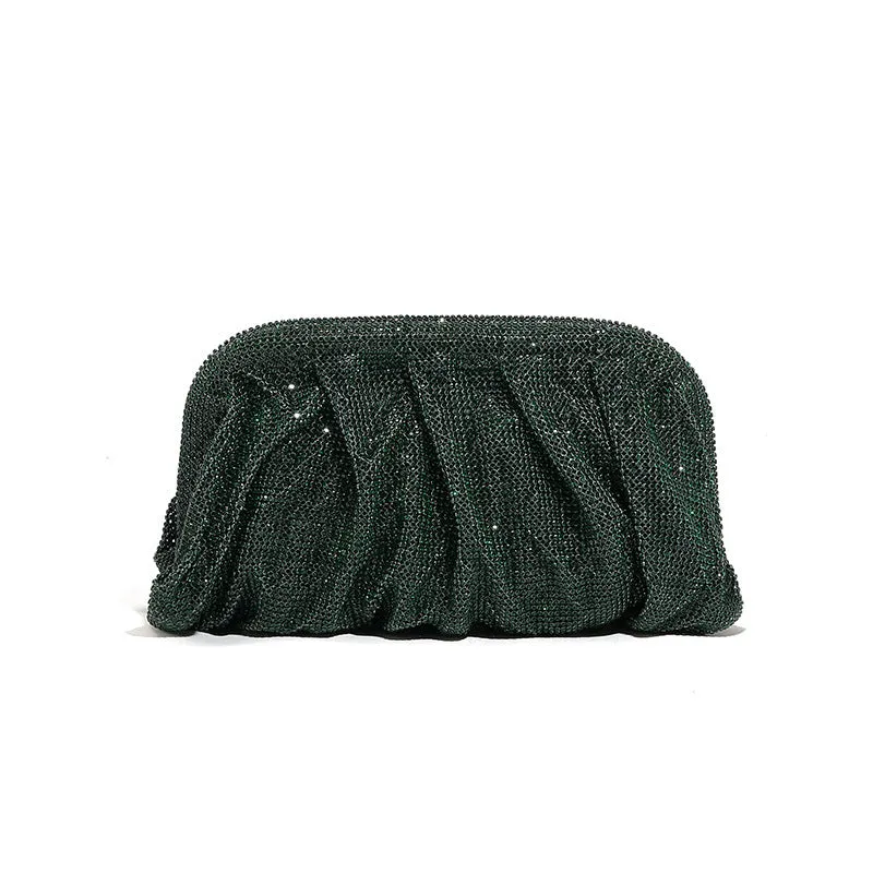 High Grade Diamond Studded by Hand Clutch Pleated Chain Rhinestone Cloud Clip Dinner Bag One Shoulder Crossbody Bag