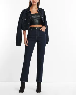 High Waisted Faux Leather Waistband Rinse Straight Ankle Jeans in Dark Wash