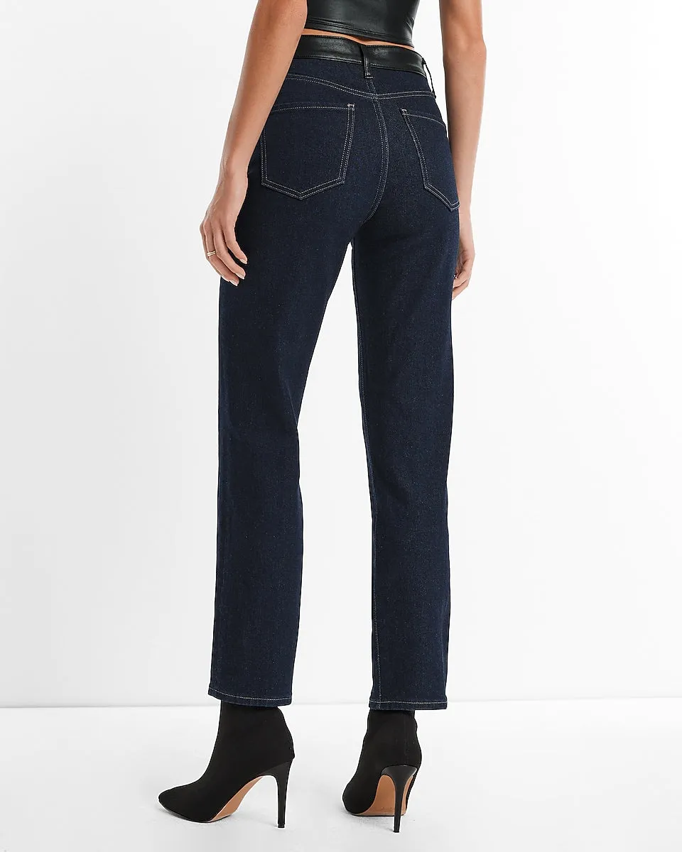High Waisted Faux Leather Waistband Rinse Straight Ankle Jeans in Dark Wash