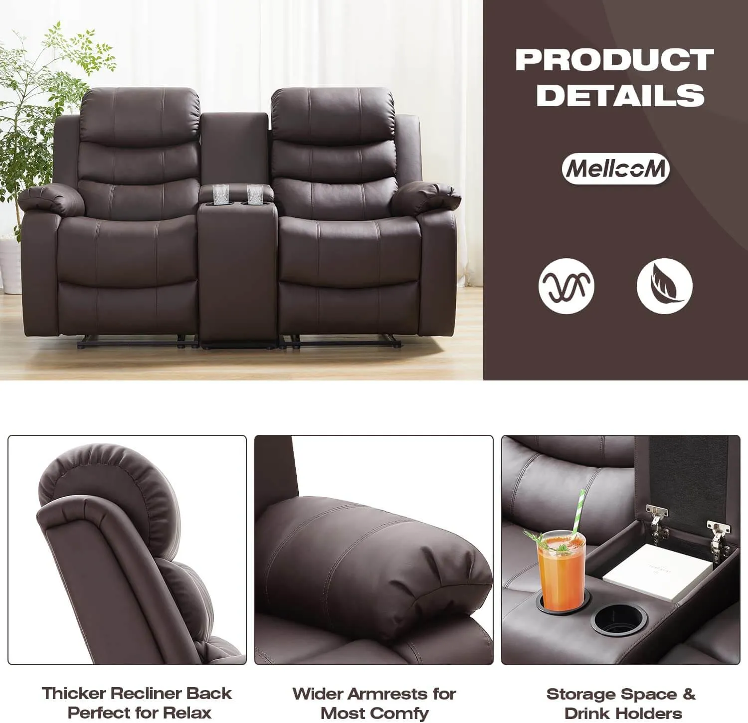 Homrest Manual Reclining Double Loveseat with Storage Console, Brown