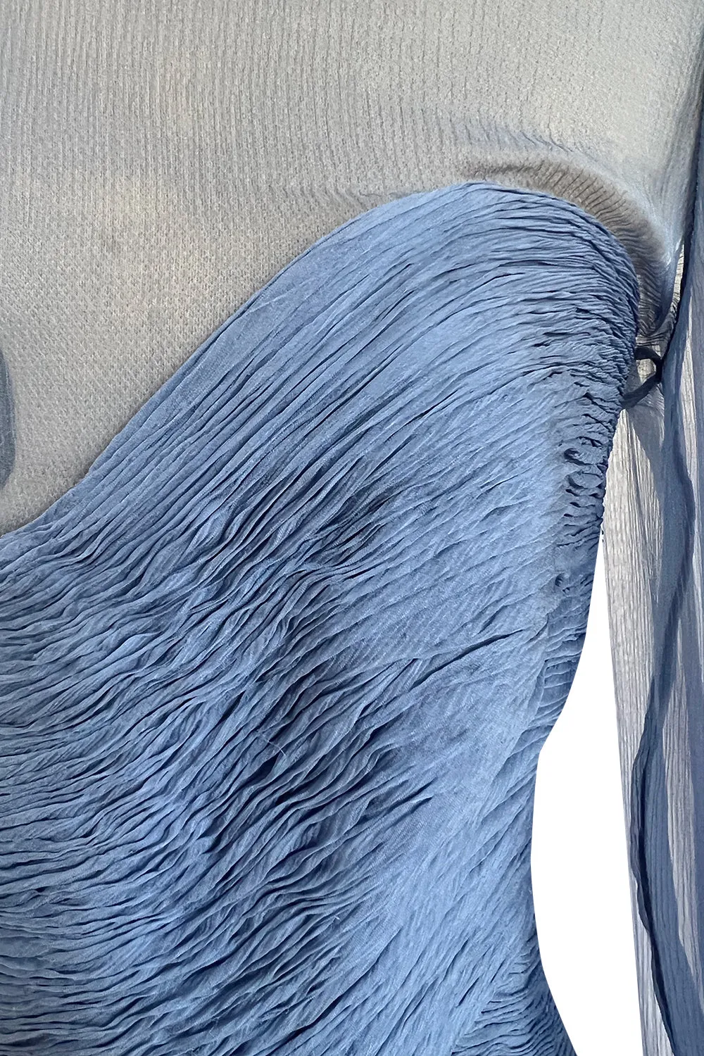 Incredible 1980s Valentino Haute Couture Pale Blue Silk Chiffon Dress w Elaborate Gathered Bodice