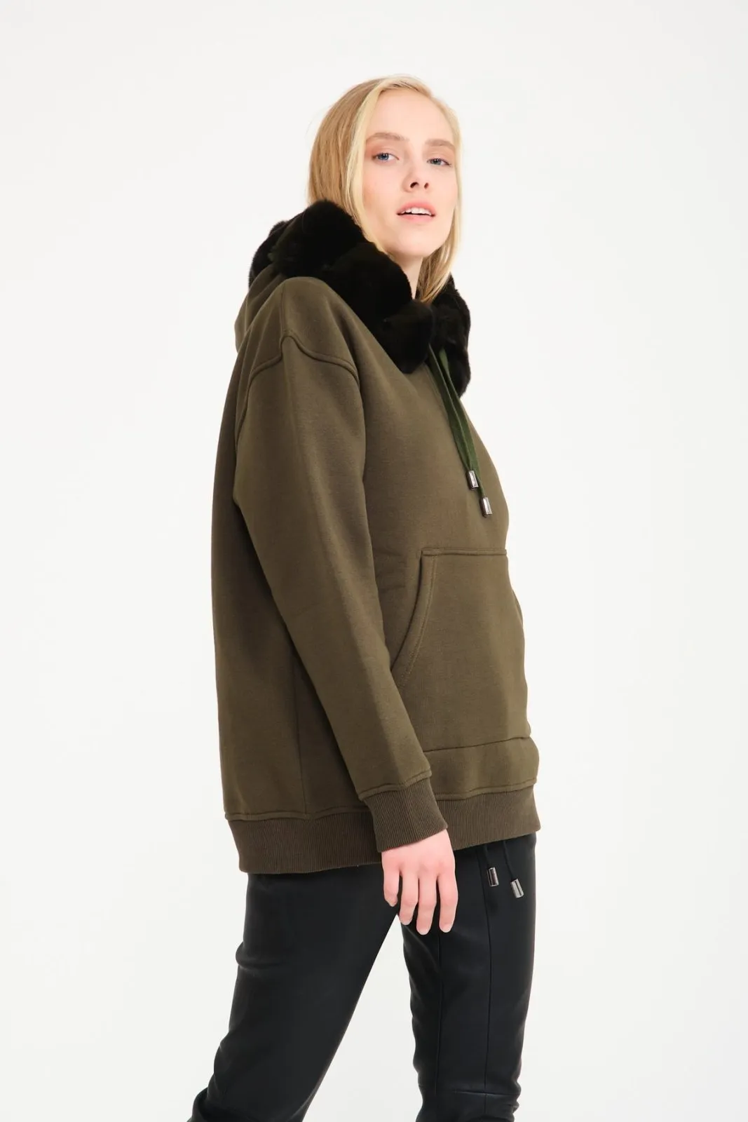 Khaki Chinchilla Fur Lined Hoodie