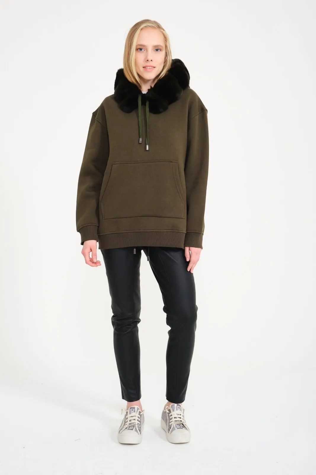 Khaki Chinchilla Fur Lined Hoodie