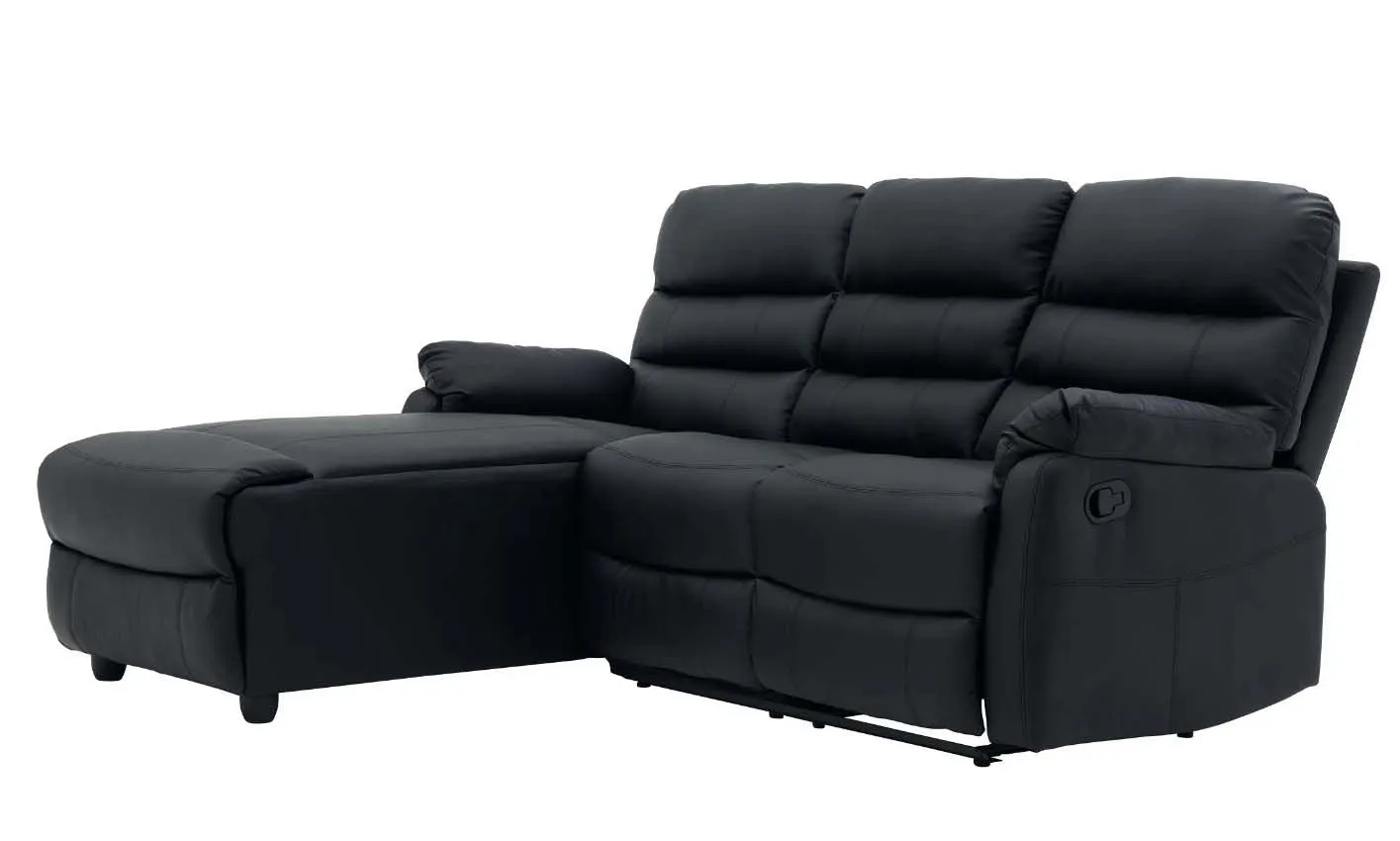 Lucas 3 Seater Faux Leather Recliner Sofa with left side facing chaise - Black