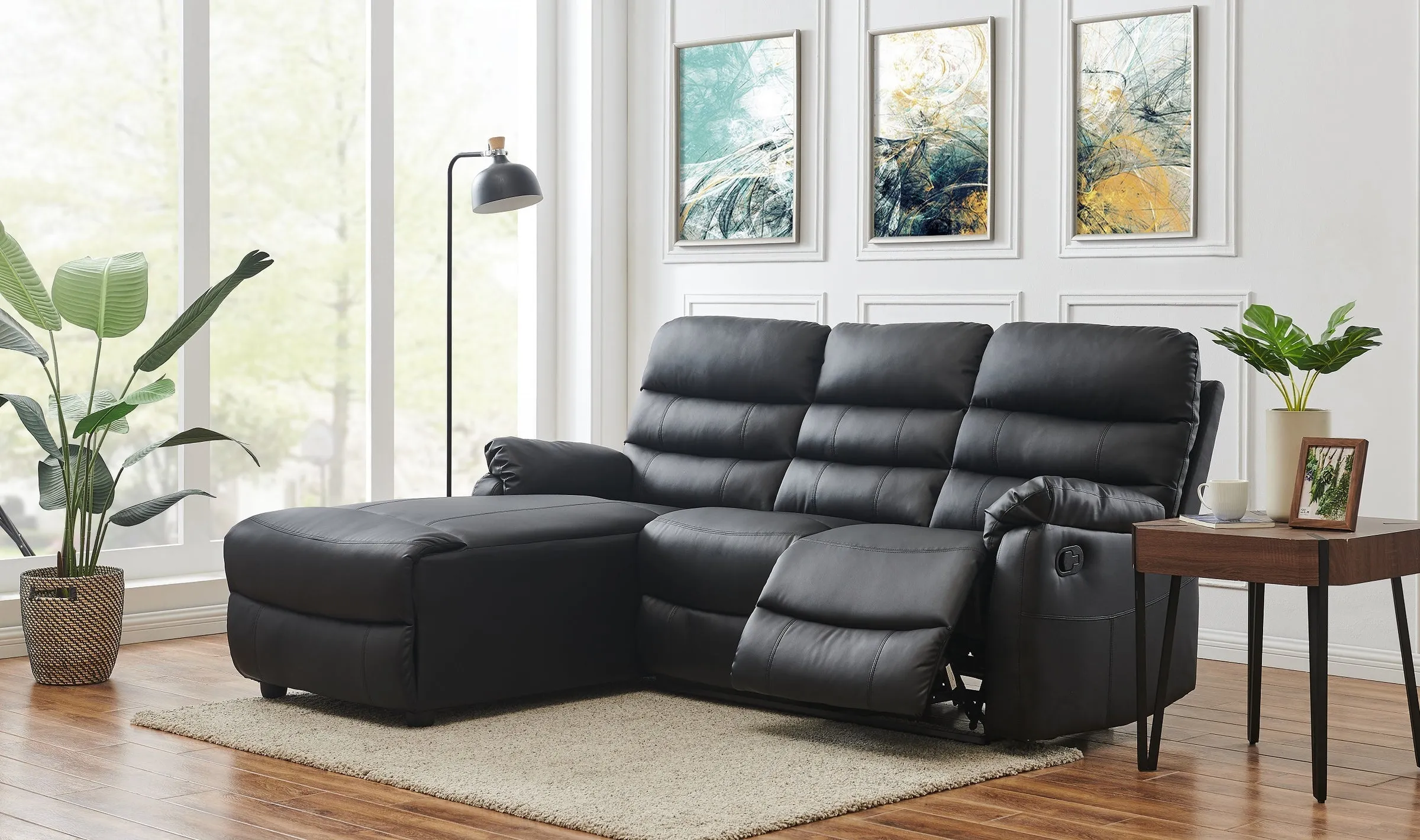 Lucas 3 Seater Faux Leather Recliner Sofa with left side facing chaise - Black