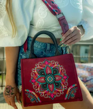 Mandala Carry Everywhere Purse Cranberry Satchel Tote with Strap