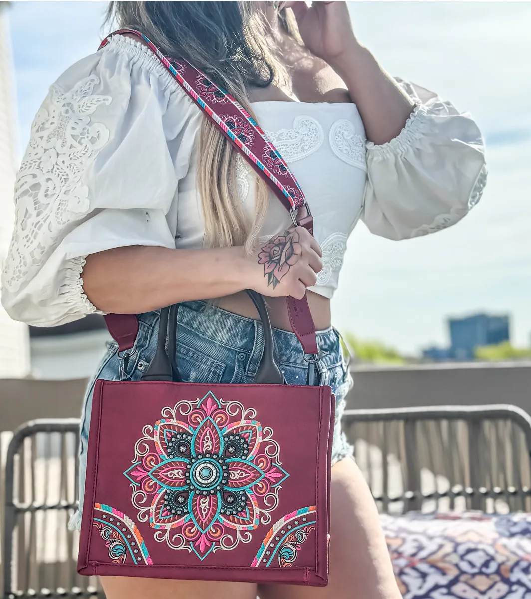 Mandala Carry Everywhere Purse Cranberry Satchel Tote with Strap