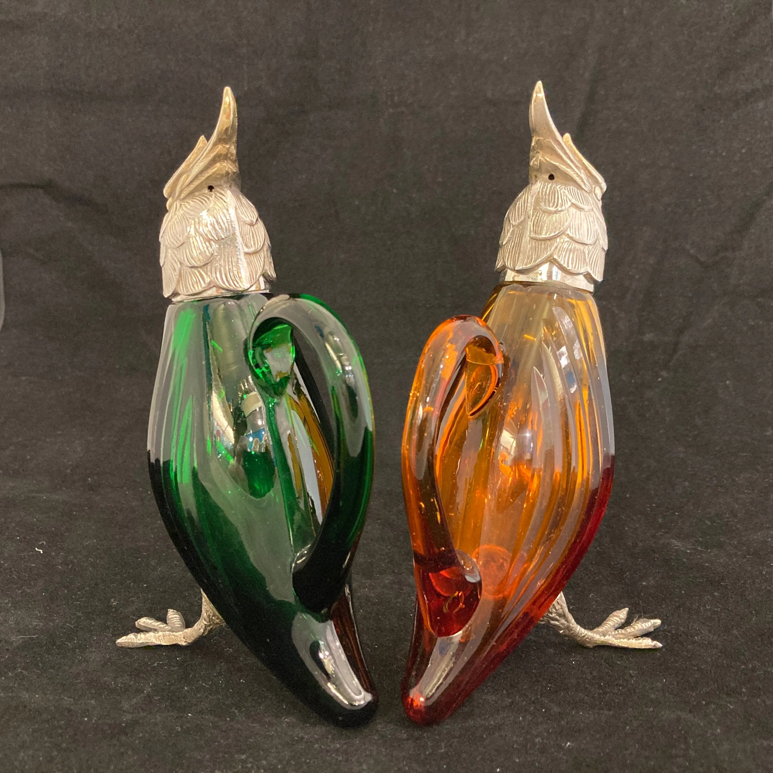 Pair of silver Whiskey noggins in the shape of cockatoos parrots