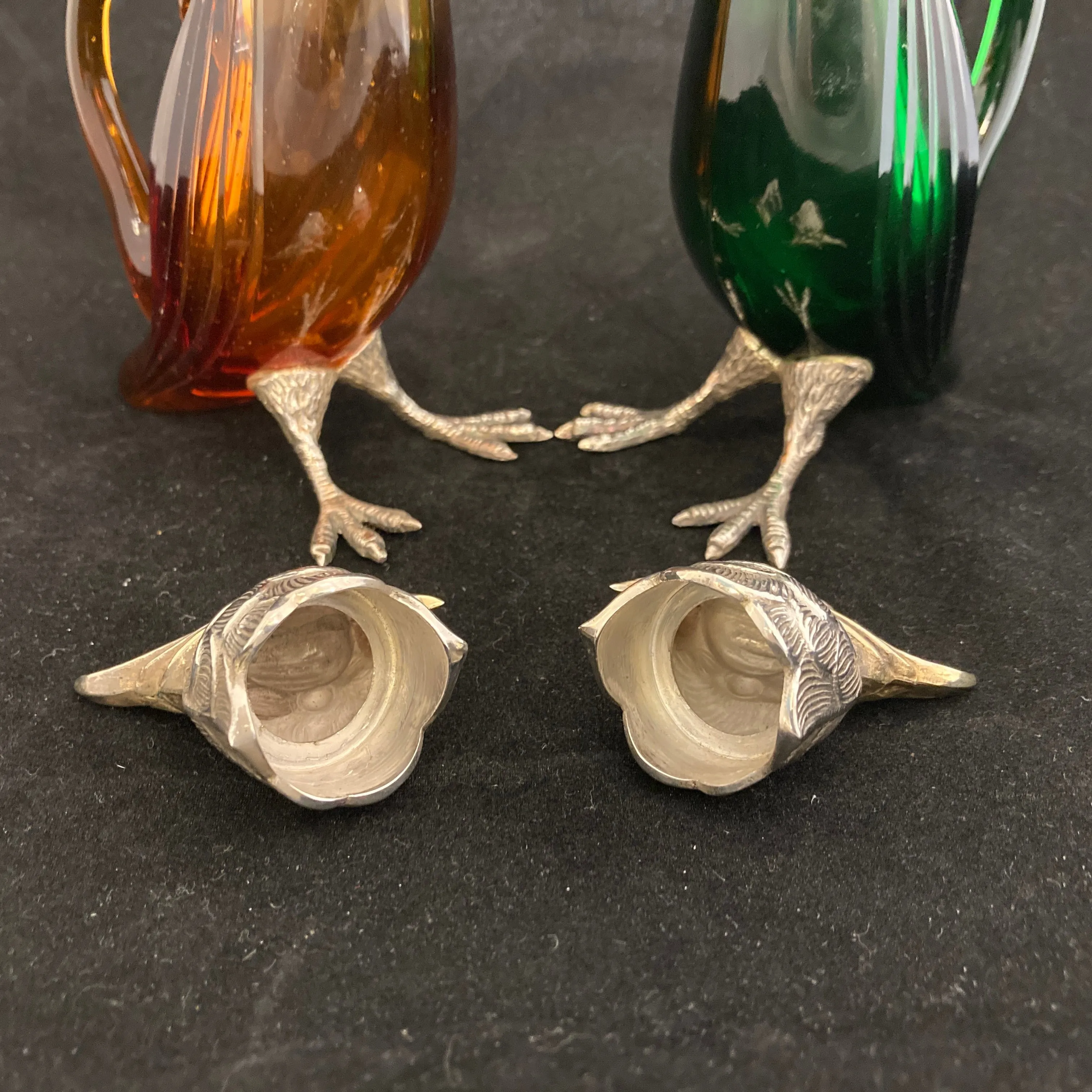 Pair of silver Whiskey noggins in the shape of cockatoos parrots