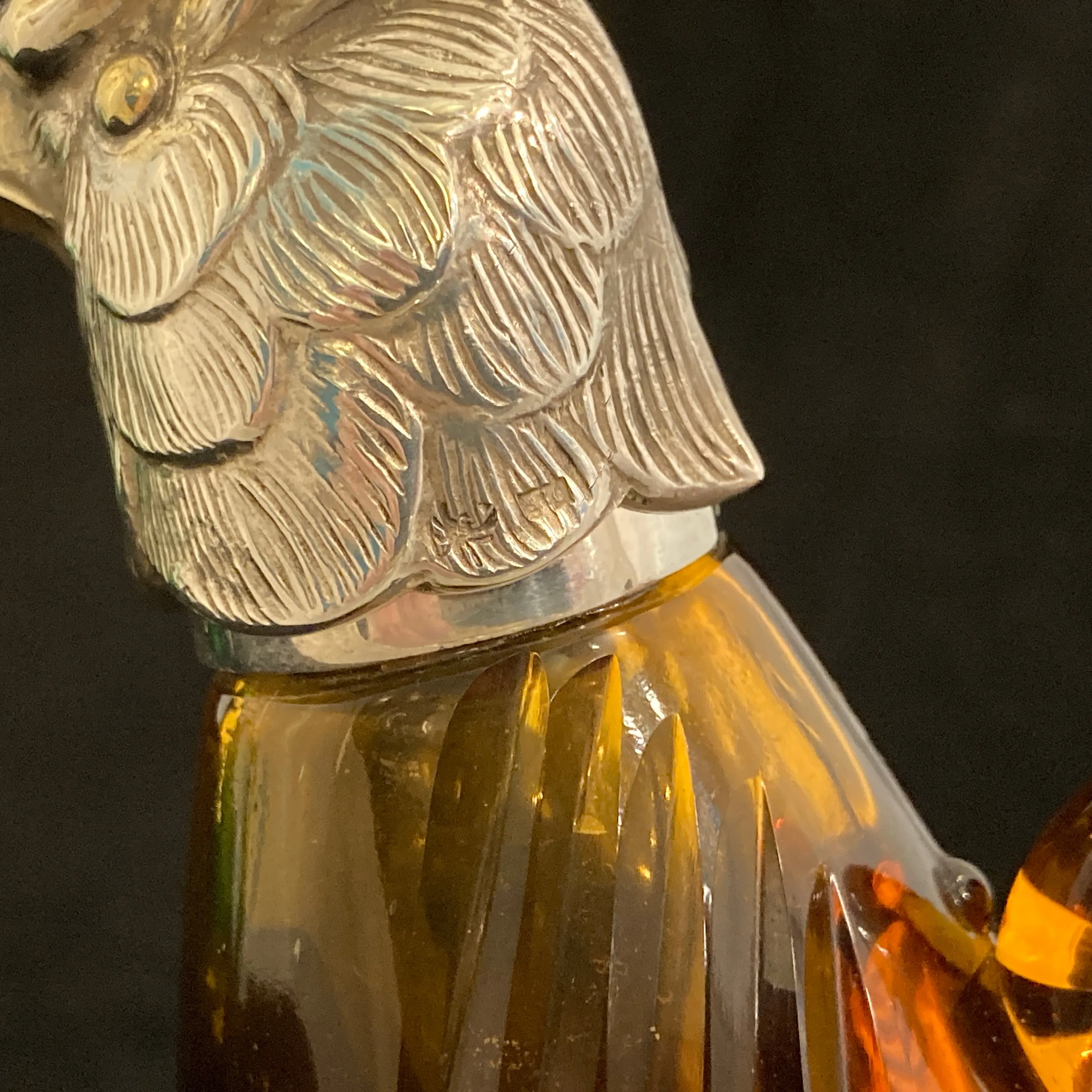 Pair of silver Whiskey noggins in the shape of cockatoos parrots