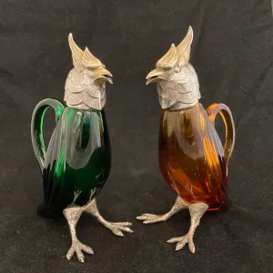 Pair of silver Whiskey noggins in the shape of cockatoos parrots