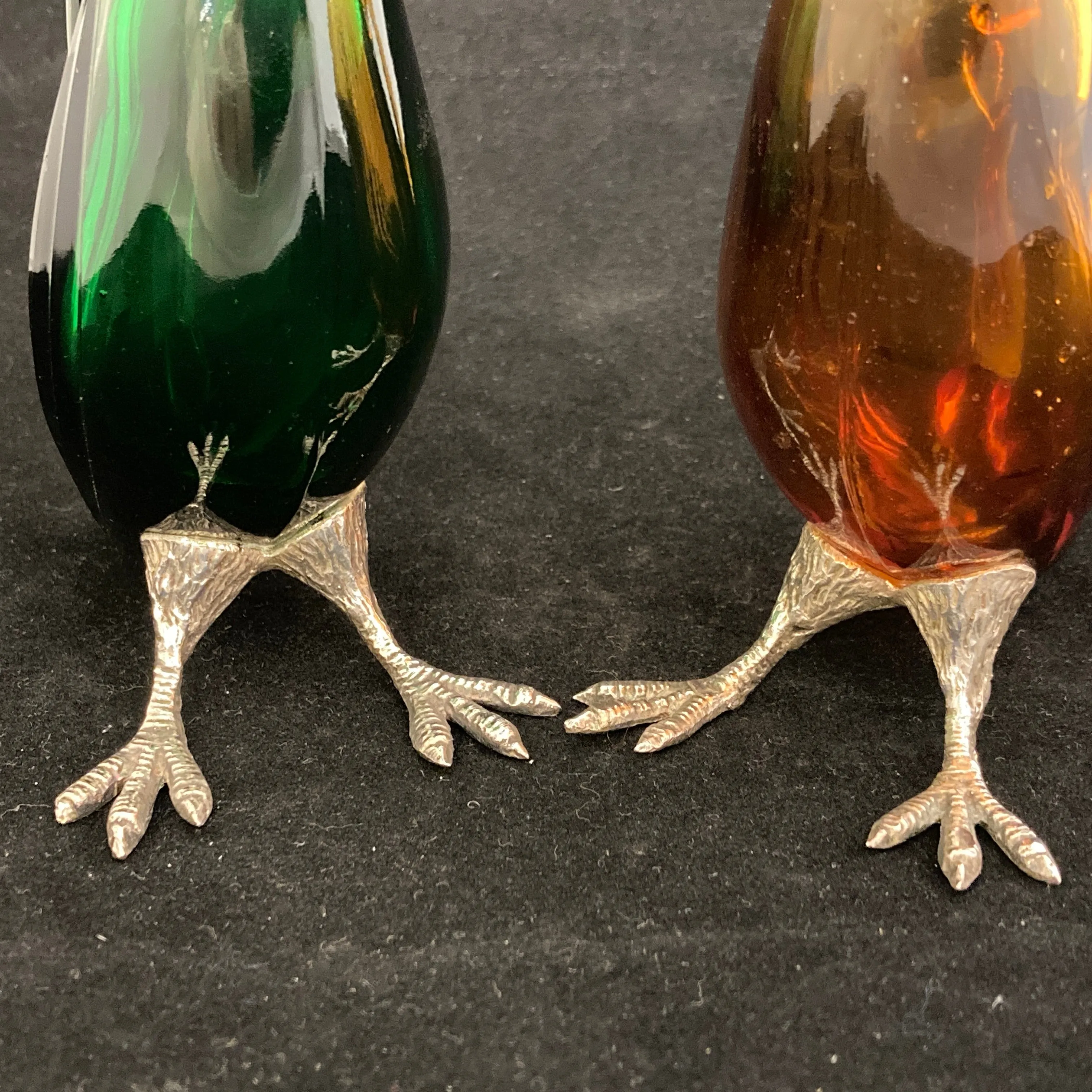 Pair of silver Whiskey noggins in the shape of cockatoos parrots