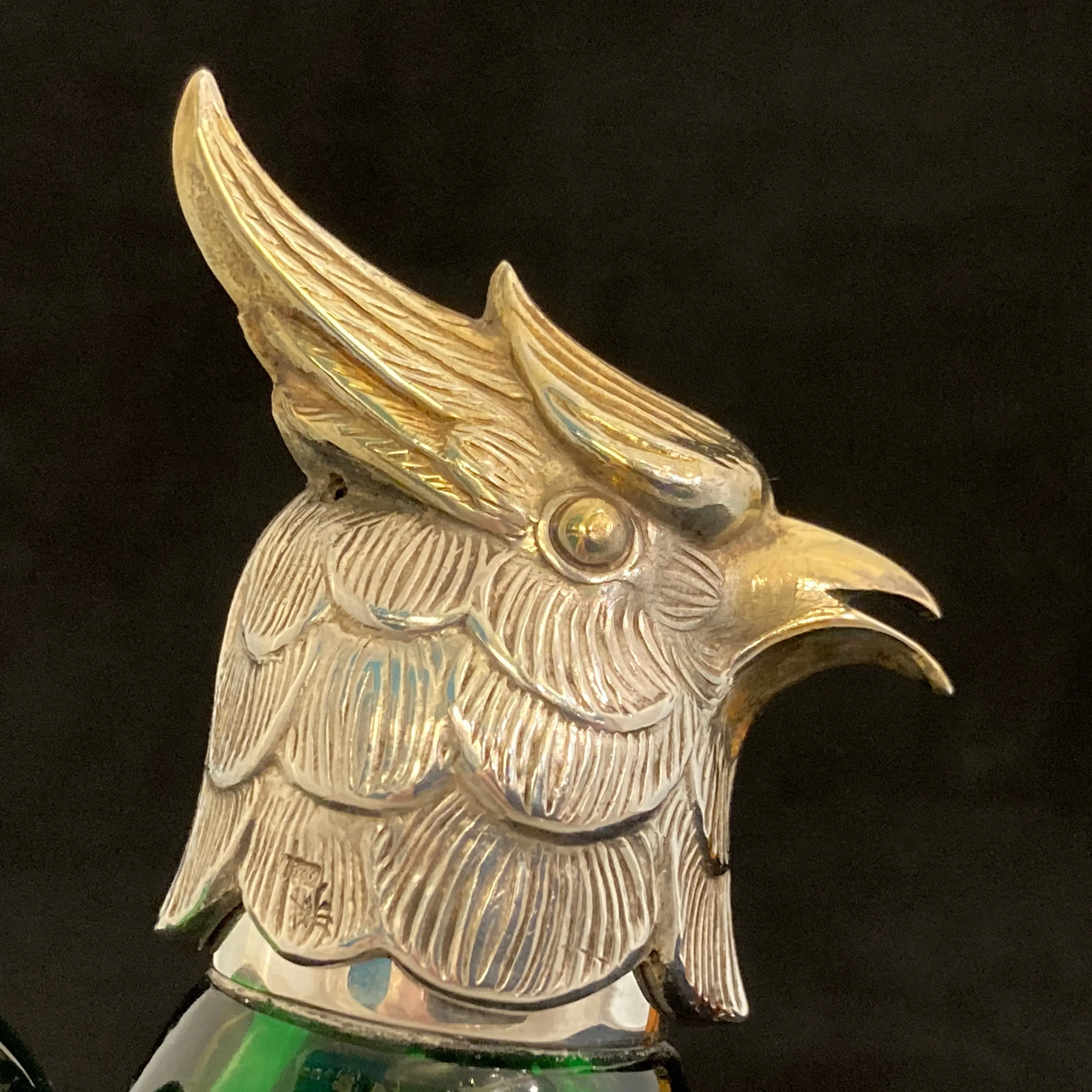 Pair of silver Whiskey noggins in the shape of cockatoos parrots
