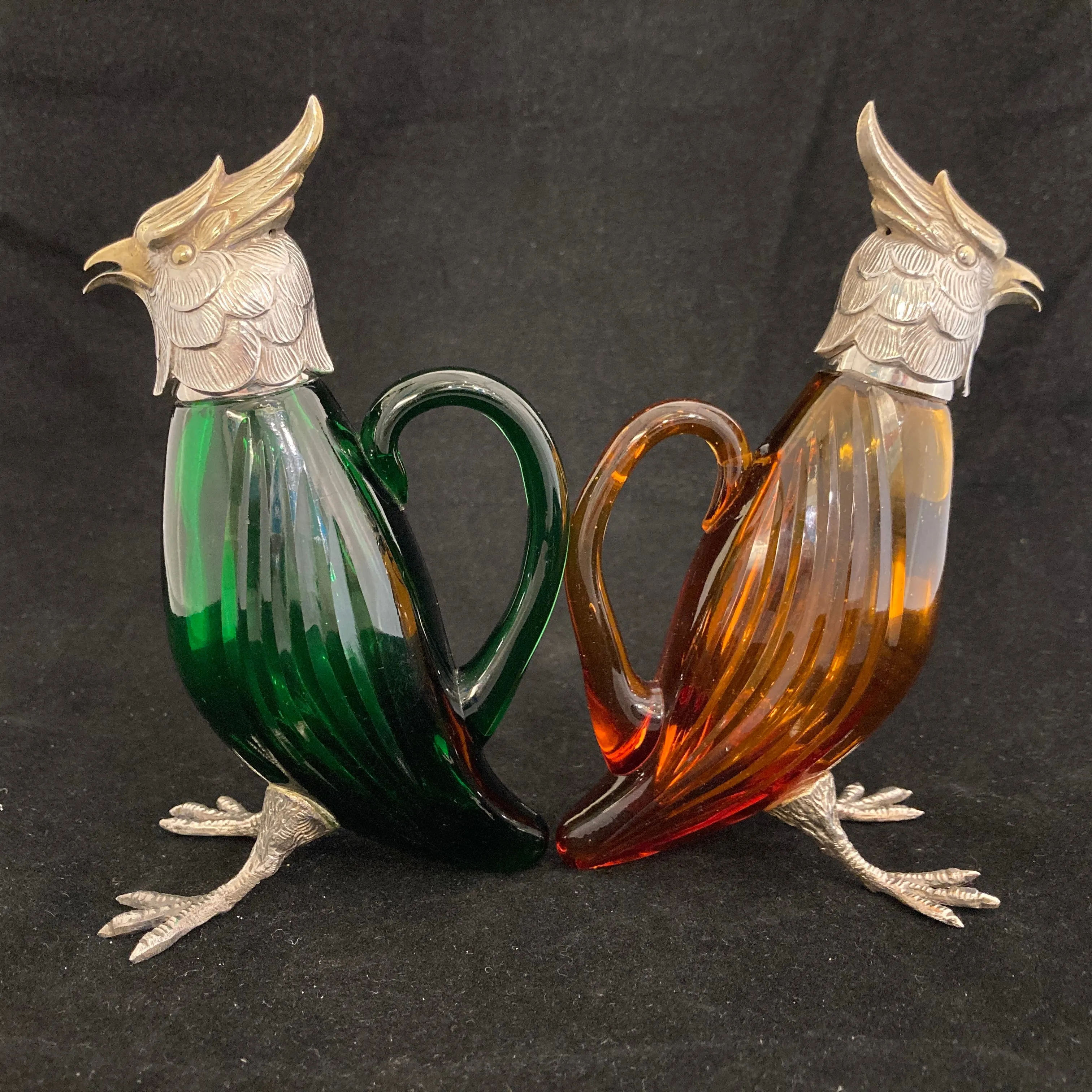 Pair of silver Whiskey noggins in the shape of cockatoos parrots