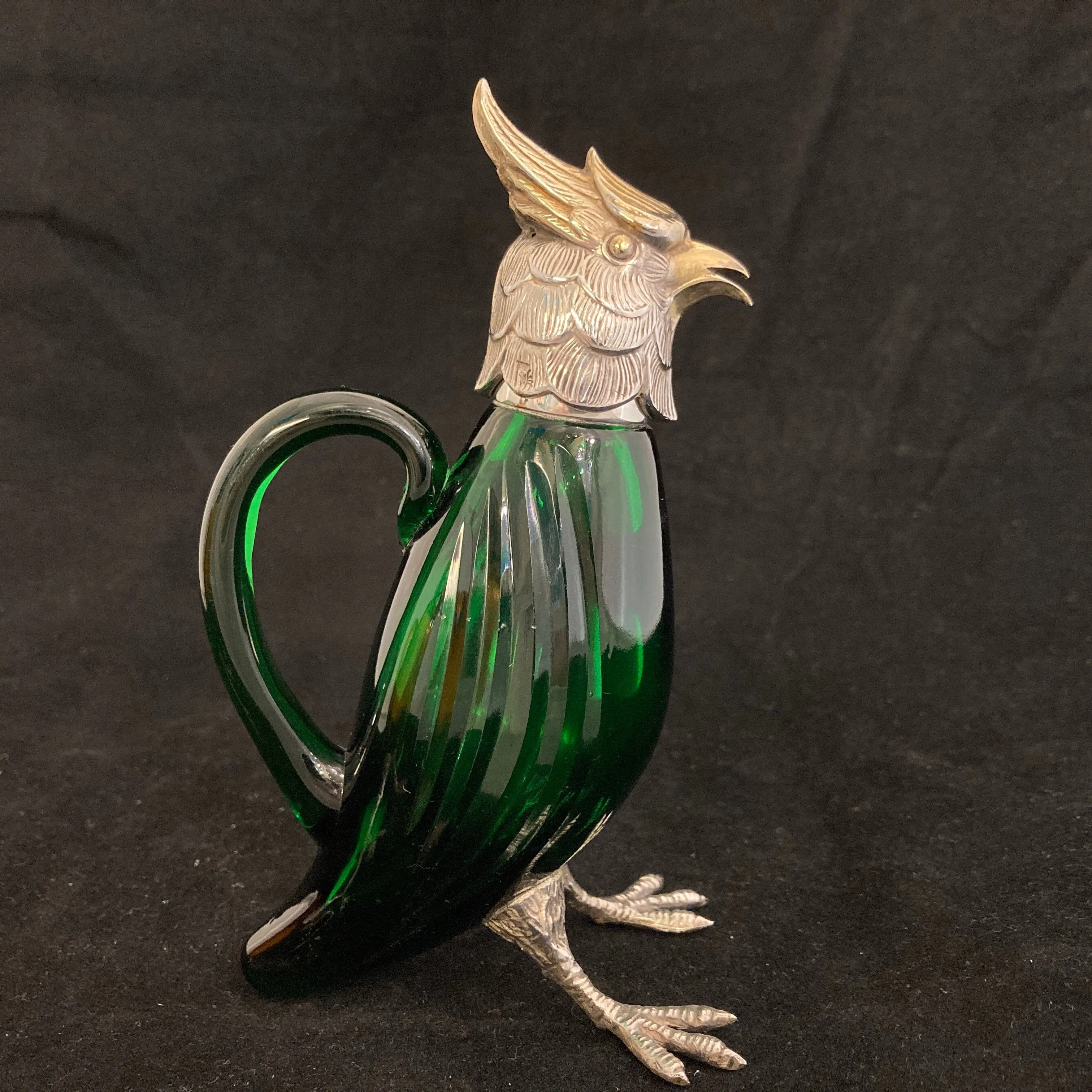Pair of silver Whiskey noggins in the shape of cockatoos parrots